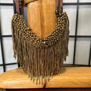 Gold Beaded Hand Crafted Fringe Collar Necklace LILAC Ribbon Tie Statement